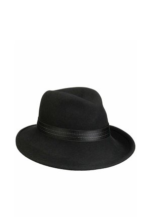 Black fedora hat with a wide brim and a black hatband, shown against a plain white background.