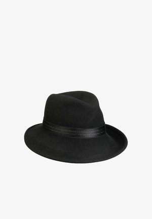 Black fedora hat with a wide brim and a black hatband, shown against a plain white background.