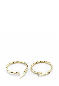 Gold hoop earrings featuring a twisted design with a smooth finish and a secure clasp, showcasing a shiny, reflective surface.