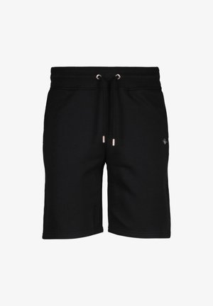 Shorts en coton noir avec un cordon de serrage à la taille, œillets en métal argenté et un logo discret sur le côté gauche. Texture lisse et coupe à mi-genou.