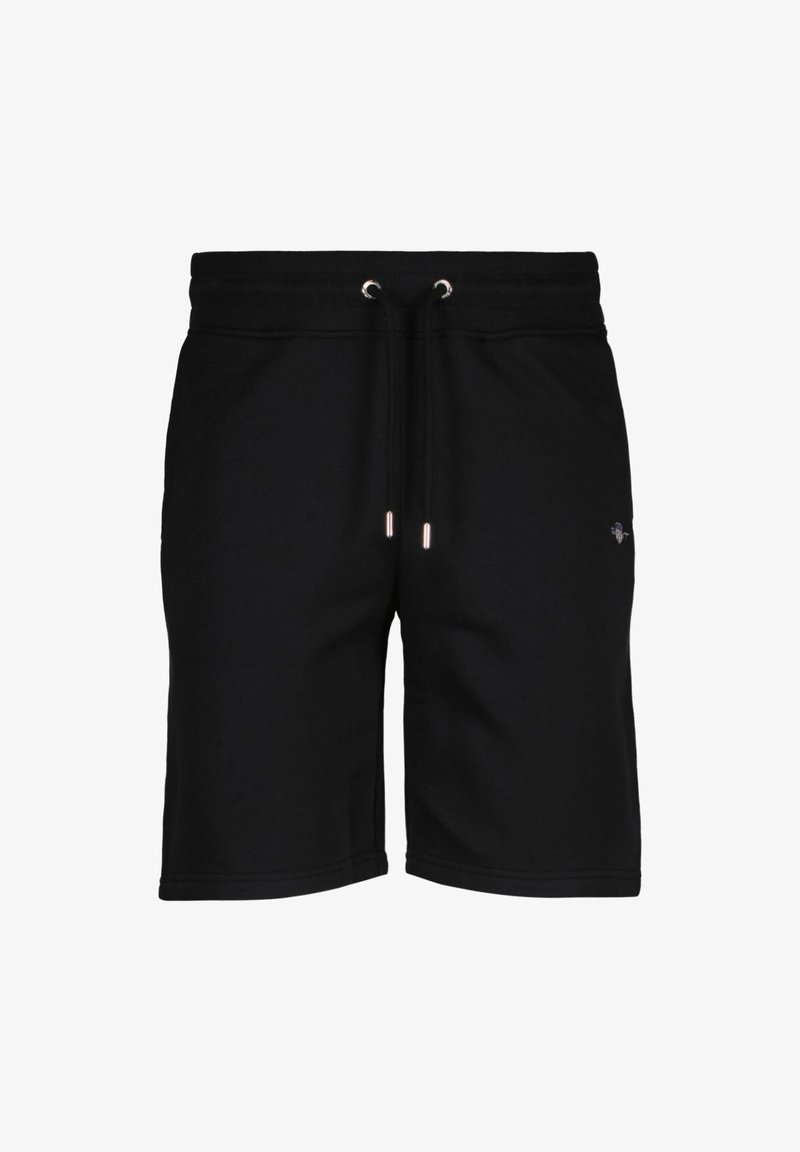 Shorts en coton noir avec un cordon de serrage à la taille, œillets en métal argenté et un logo discret sur le côté gauche. Texture lisse et coupe à mi-genou.