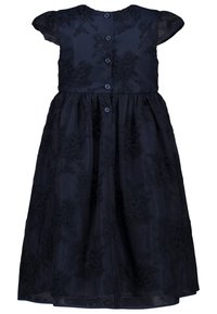 Navyblaues Kleid mit kurzen Cap-Ärmeln, strukturiertem Stoff, gestickten Blumenmustern und fünf blauen Knöpfen auf der Rückseite. A-Linie Silhouette.