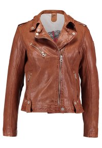 Brun läderbikerjacka med asymmetrisk frontdragkedja, dragkedjeförsedda bröst- och sidofickor, knappkrage och quiltad detalj.