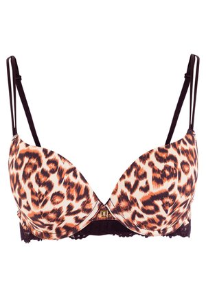 Bra imbottito con stampa leopardata, bordo in pizzo nero, spalline regolabili e dettaglio in tono dorato al centro davanti.
