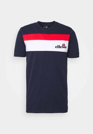 Granatowy bawełniany t-shirt z czerwono-białymi poziomymi paskami, z logo „ellesse” na piersi. Okrągły dekolt, krótkie rękawy.