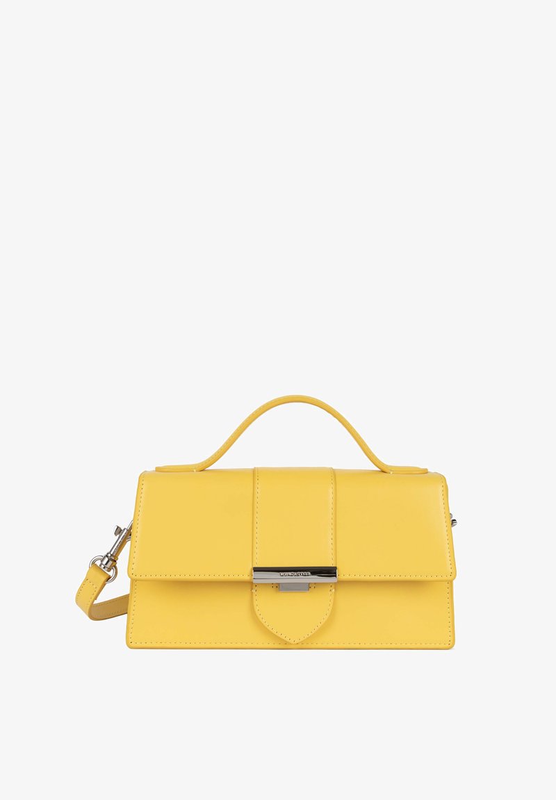 Borsa a mano in pelle gialla con design strutturato, manico superiore, tracolla removibile e dettagli in metallo argentato.