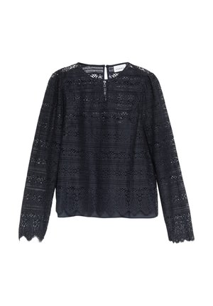 Czarna, długorękawowa bluzka z koronki z kwiatowymi i geometrycznymi wzorami, falbankowym wykończeniem na dole i mankietach oraz zapięciem na guziki z tyłu przy dekolcie.