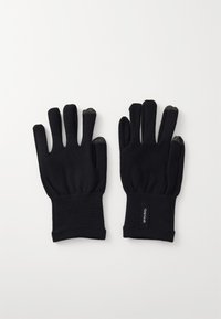 Schwarze Touchscreen-Handschuhe aus weichem, elastischem Material mit enganliegenden Bündchen. Besitzen leitfähige Fingerspitzen für Geräte. Etikett am Handgelenk.