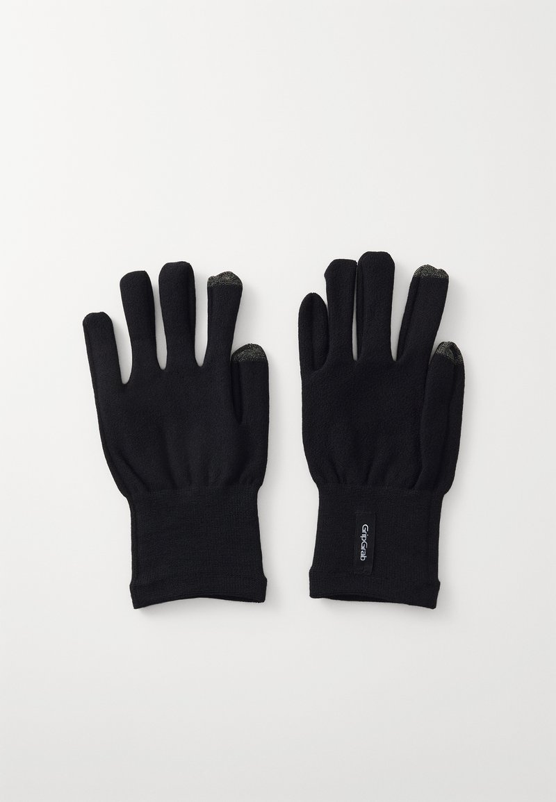 Schwarze Touchscreen-Handschuhe aus weichem, elastischem Material mit enganliegenden Bündchen. Besitzen leitfähige Fingerspitzen für Geräte. Etikett am Handgelenk.
