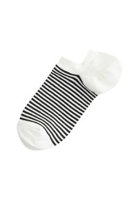 Schwarze und weiße gestreifte Knöchelsocke mit weichem weißem Bündchen und Zehenbereich. Gestrickter Stoff mit glatter Textur. Für den Freizeitgebrauch konzipiert.