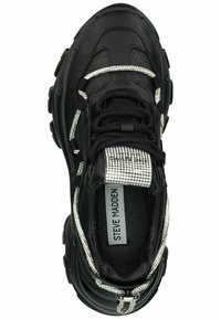 Black sneaker with mesh panels, metallic accents, and crystal detailing. Features a rounded toe and cushioned sole for comfort.