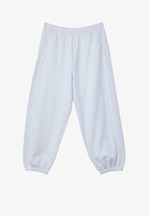 Jasnoszare dresy wykonane z miękkiego materiału, z elastycznym paskiem w talii, zakończonymi ściągaczami nogawkami oraz białymi paskami po bokach. Luźny krój.