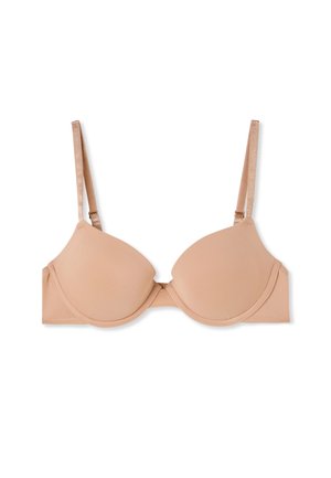 Reggiseno imbottito color nude con ferretto e spalline regolabili, disteso su sfondo bianco.