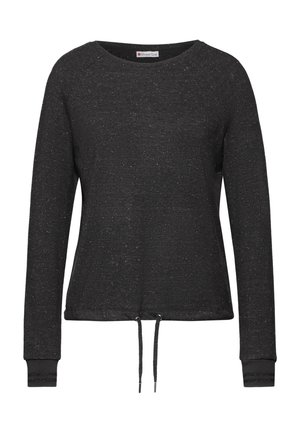 Sweatshirt noir en tissu texturé avec un col rond, des manches raglan longues et un cordon de serrage ajustable à l'ourlet.