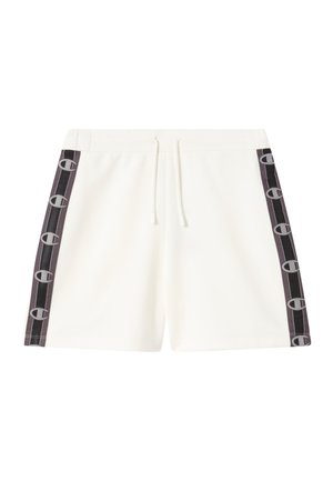 Witte korte broek met een taillekoord, voorzien van zwarte en grijze zijstrepen met een logo patroon. Glad materiaal en een casual ontwerp.