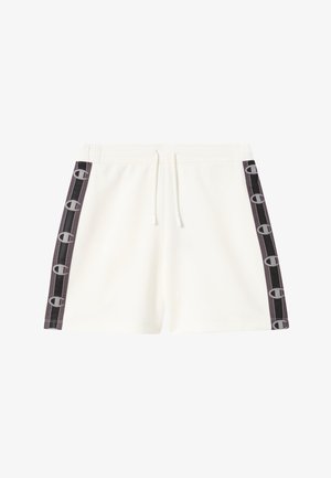 Białe szorty z elastycznym pasem ze sznurkiem, z czarnymi i szarymi bocznymi paskami ozdobionymi wzorem z logo. Gładki materiał i swobodny design.