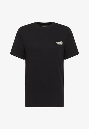 Zwart T-shirt met korte mouwen, voorzien van een klein wit Mustang-logo en een afbeelding van een galopperend paard op de linkerborst.