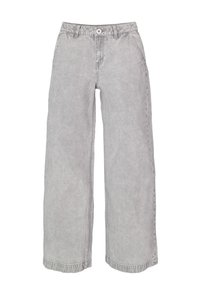 Lichtgrijze, wijde jeans gemaakt van denim. Kenmerken zijn onder andere een hoge taille, zijzakken, knoopsluiting en zichtbare stikseldetails.