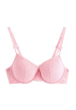 Pink blonde-bh med polstrede skåle med bøjle, blomsterprint, justerbare stropper og dekorative sløjfe-accenter på stropperne. Sarte takkede kanter.