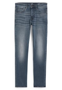 Mörkblå denimjeans med en blekt finish. Har fem fickor, en traditionell dragkedja och en rak benstil.