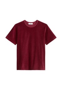 Burgundowa bawełniana koszulka z miękką, gładką fakturą, okrągłym dekoltem i krótkimi rękawami. Wykonana w prostym, nieozdobionym stylu.