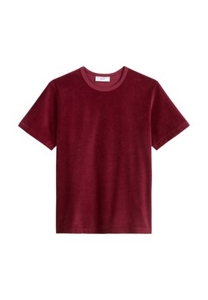 T-shirt en coton bordeaux avec une texture douce et lisse, col rond et manches courtes. Conçu avec un design simple et dépouillé.