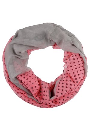 Écharpe infinie gris clair et rose, section rose ornée de petits étoiles foncées, tissu léger et doux.