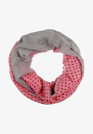 Jasnoszary i różowy komin bez końca, różowa część ozdobiona małymi ciemnymi gwiazdkami, miękki, lekki materiał.