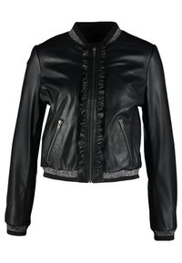 Černá kožená bomber bunda s předním zipem, na zipu s nabíraným lemem, zapínacími bočními kapsami a pletenými manžetami a spodním lemem.