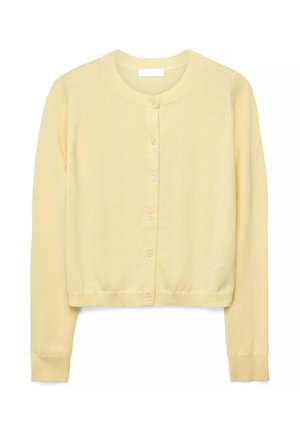 Lichtgele, lange mouwen, knoopjesvest met ronde halslijn en geribbelde manchetten en zoom, plat uitgestald op een witte achtergrond.