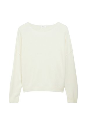 Maglione color crema a maniche lunghe con ampia scollatura rotonda e polsini e orlo a coste, mostrato su sfondo bianco.