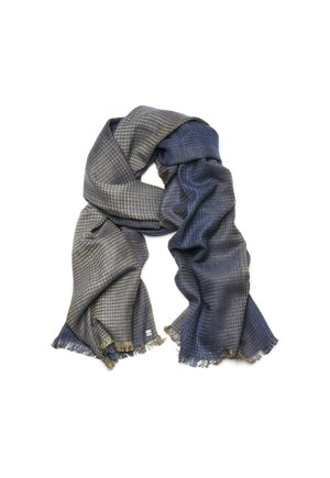 Checkered scarf in navy and gray hues, made of soft fabric with frayed edges, featuring a subtle texture and lightweight design.