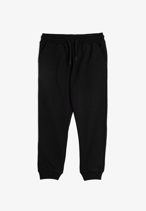 Zwarte sweatpants gemaakt van een katoenen mixstof. Heeft een elastische tailleband met trekkoord, zijzakken en geribbelde boorden.