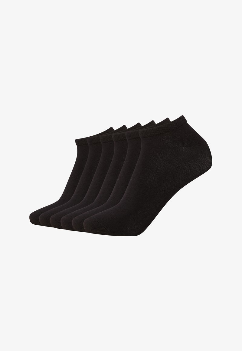 Black ankle socks, made of soft fabric. Low-cut design with a ribbed cuff. Set of six pairs, featuring a smooth texture and uniform color.