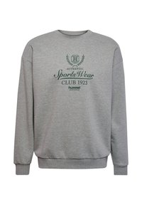 Sudadera gris de material suave, con cuello redondo, mangas largas y un estampado verde que dice "Sports Wear CLUB 1923" junto con el logo.