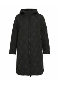 Black quilted hooded jacket with a zip front, featuring a diamond pattern and long sleeves, made from a smooth, lightweight material.