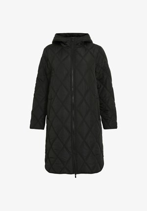 Čierna prešívaná bunda s kapucňou so zipsom, obsahujúca diamantový vzor a dlhé rukávy, vyrobená z hladkého, ľahkého materiálu.