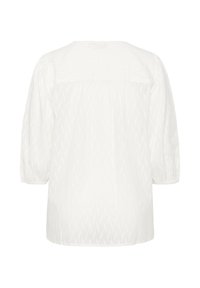 Witte blouse met een gestructureerd ontwerp, ronde hals en pofmouwen. Het achterpaneel is glad, met geplooide details langs de zoom.