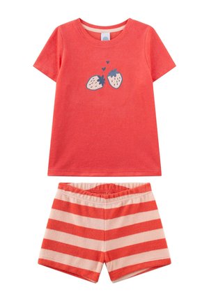 Coral short-sleeve shirt with two strawberries and hearts graphic, paired with coral and light pink horizontal striped elastic waist shorts.