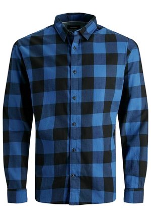 Niebiesko-czarna koszula w kratę z długim rękawem, zapinana na guziki, z kołnierzykiem i mankietami, widoczna z przodu na białym tle.