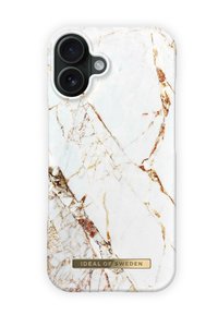 Phone case with a glossy white marble design, featuring golden and brown veining, soft-touch texture, and a gold hardware logo at the bottom.