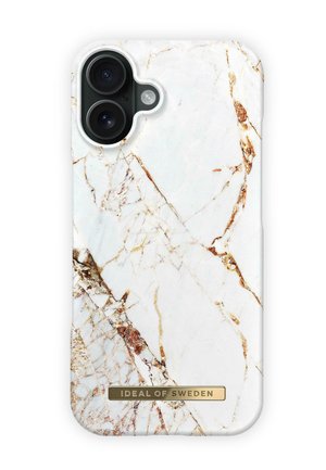 Phone case with a glossy white marble design, featuring golden and brown veining, soft-touch texture, and a gold hardware logo at the bottom.