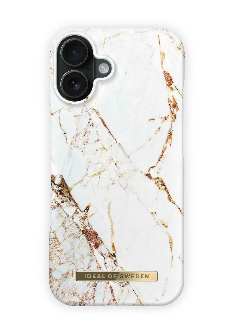 Phone case with a glossy white marble design, featuring golden and brown veining, soft-touch texture, and a gold hardware logo at the bottom.