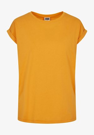 Gul bomull T-skjorte med korte, rullet ermer, rund hals, avslappet passform, glatt tekstur, og ingen bemerkelsesverdige mønstre eller detaljer.