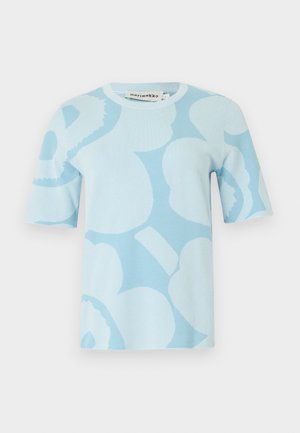 Light blue short-sleeve knit top with large abstract floral pattern in a lighter shade and a round neckline.