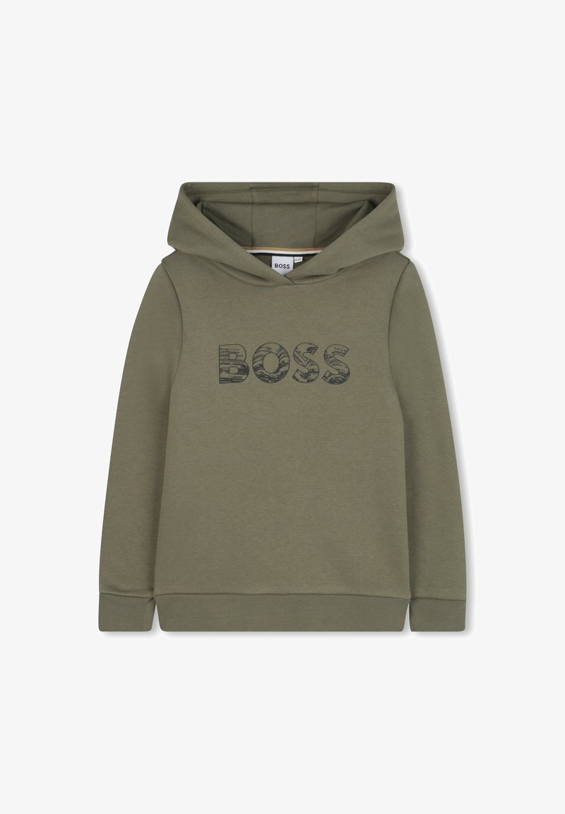 Sweatshirt com capuz verde oliva feito de um tecido macio, apresentando um grande logótipo "BOSS" em impressão preta texturizada na frente.