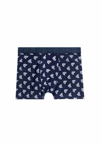 Boxer in blu navy realizzati in tessuto elastico, con un motivo geometrico bianco, vita elastica con logo del marchio e apertura frontale.
