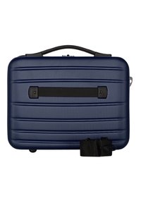 Valigia rigida blu navy con strisce testurizzate, manico nero e tracolla removibile. Presenta un design compatto e rettangolare per i viaggi.