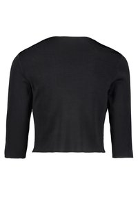 Svart kort tröja med trekvartsärmar, ribbat mönster och rund halsringning, med subtila sidoklyftor i fållen.