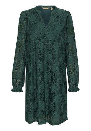 Vihreä pitsimekko, jossa on V-pääntie, pitkähihaiset ja kukkakuosi. Ominaisuuksiin kuuluvat puffimaiset hihat röyhelöhuvalla ja sulava muotoilu.